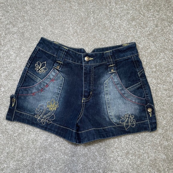 Route Pants - Y2k Vtg‎  Junior Denim Shorts Fleur de Lis Embroidery Embellished Blue Size 10